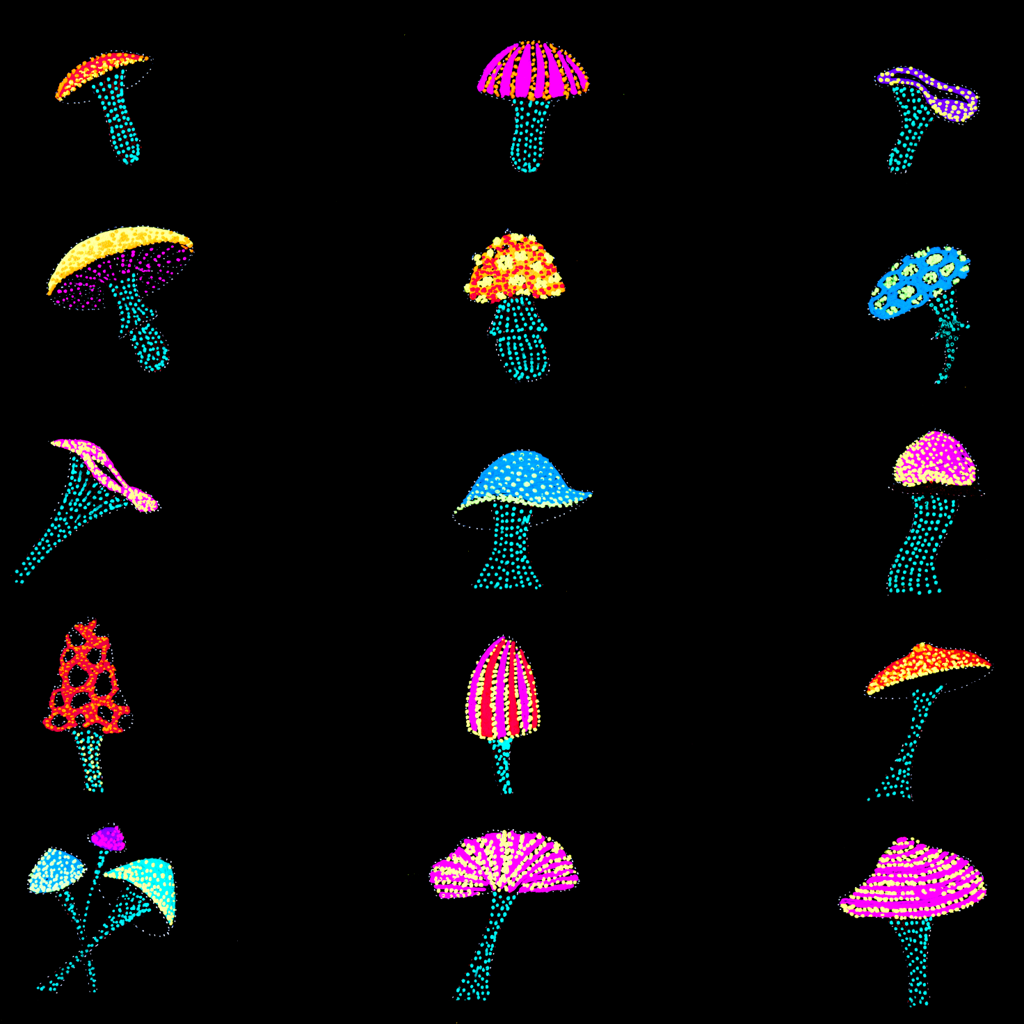 Colorful mushroom patterns on a black background tshirt