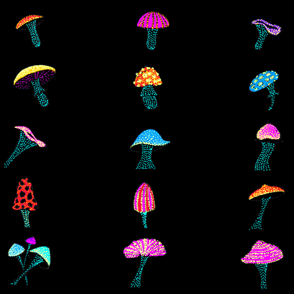 Colorful mushroom patterns on a black background tshirt